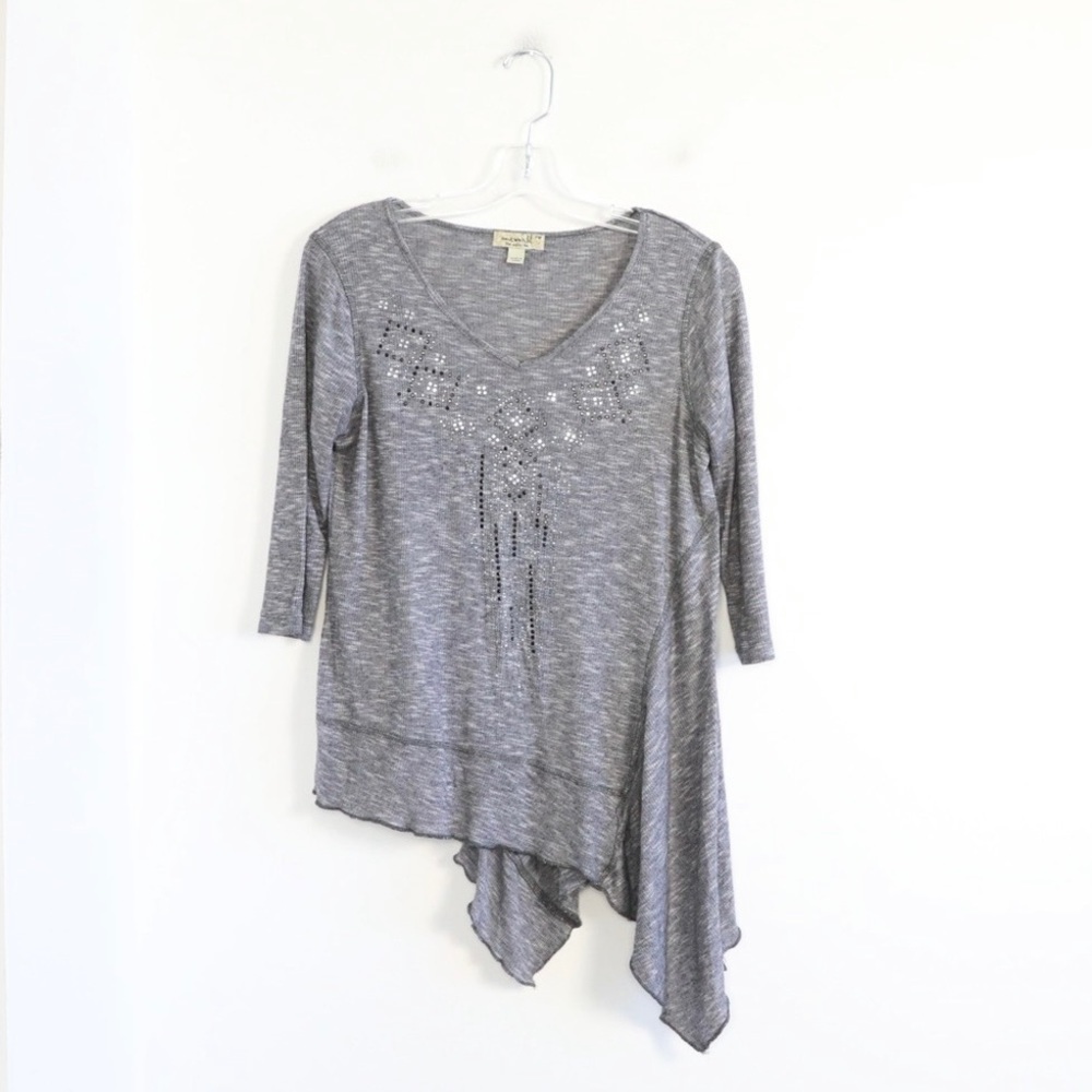 One World gray boho knit top asymmetric crystals M medium beaded soft stretch